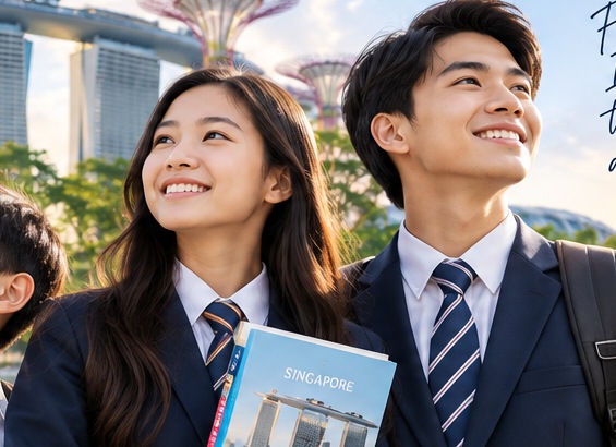 Illustrative image of internationally minded students with Singapore skyline